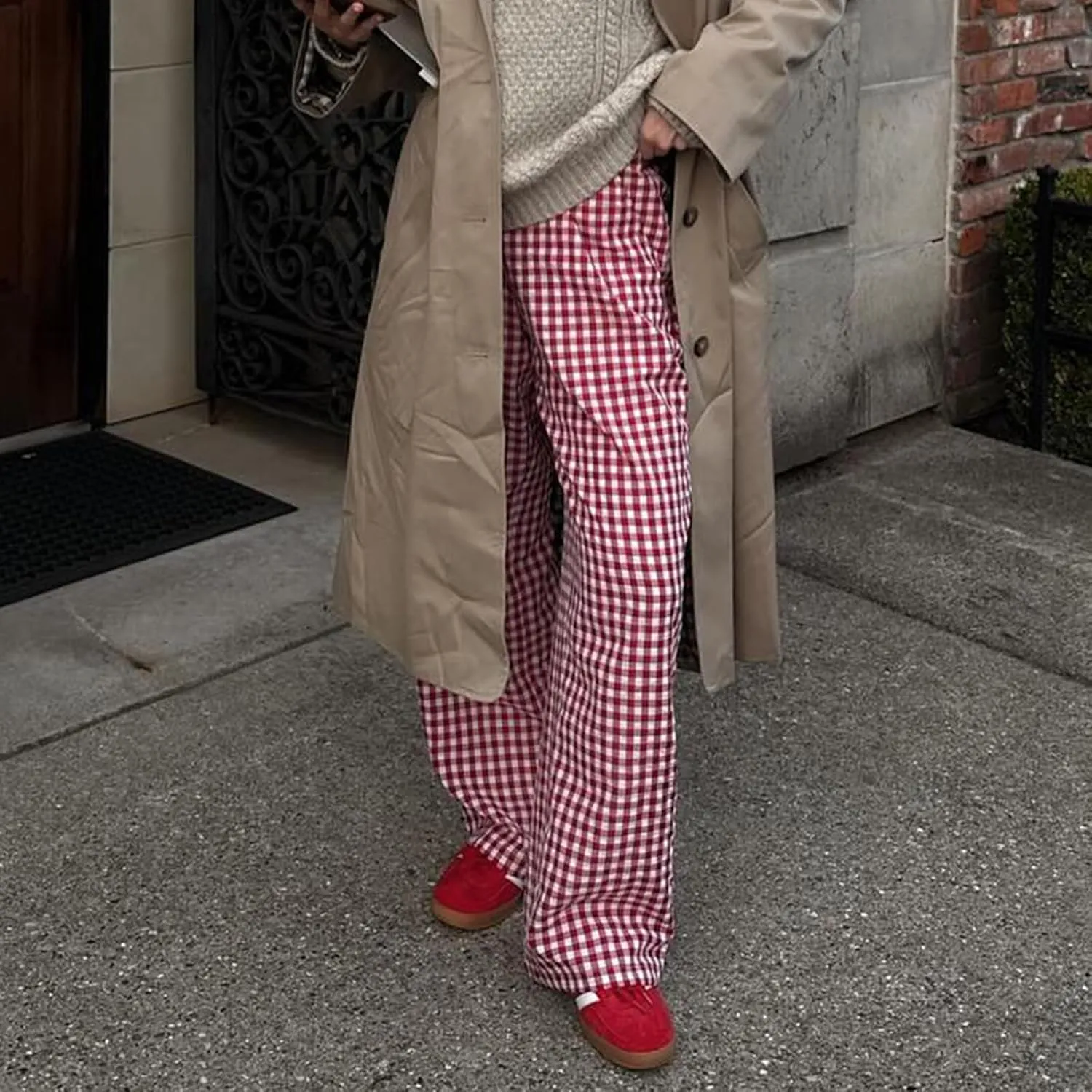Women Y2K Plaid Pants High Waist Drawstring Wide Leg Lounge Pants Pajama Bottoms Going Out Gingham Pants Trousers