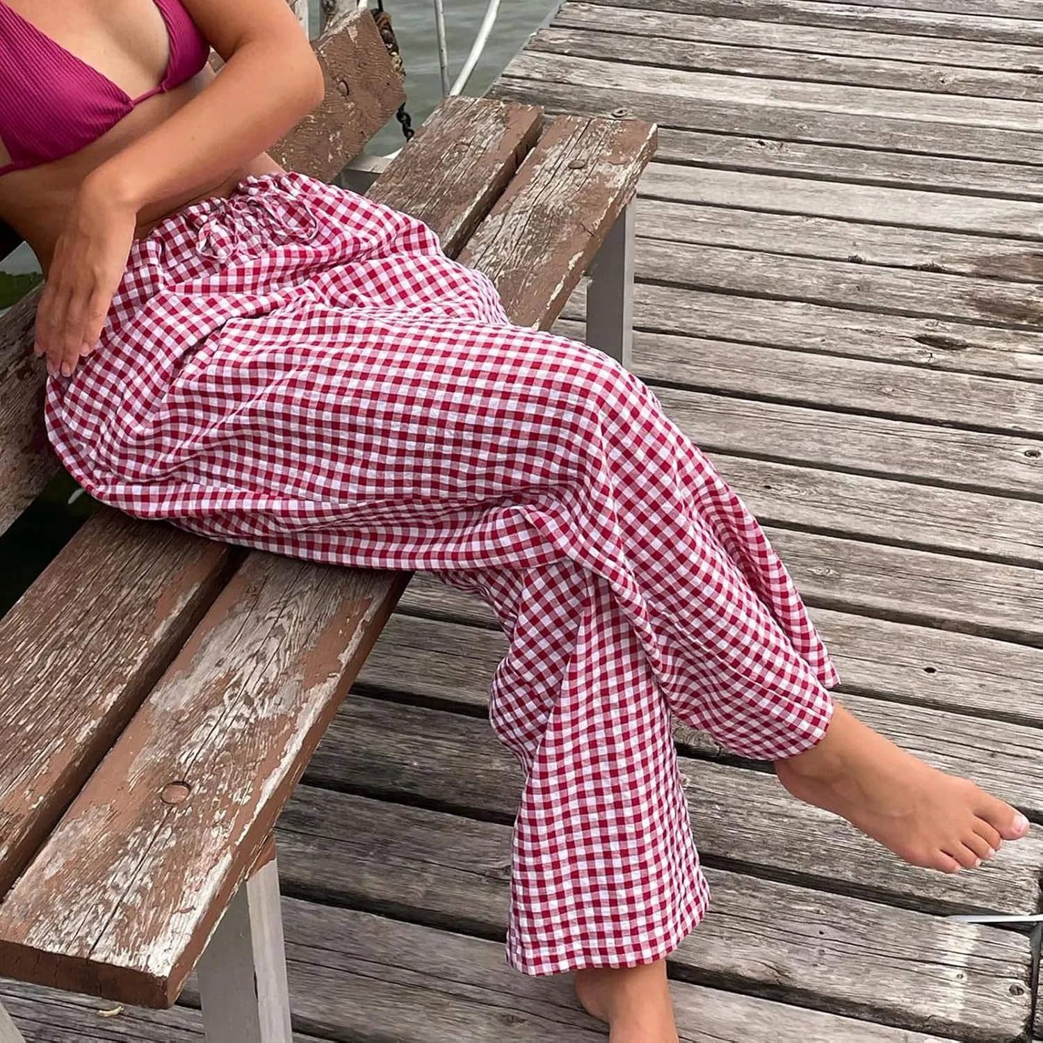 Women Y2K Plaid Pants High Waist Drawstring Wide Leg Lounge Pants Pajama Bottoms Going Out Gingham Pants Trousers