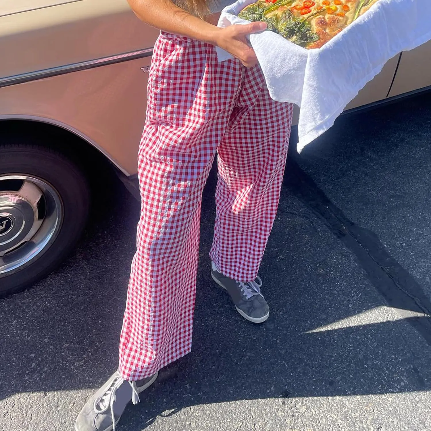 Women Y2K Plaid Pants High Waist Drawstring Wide Leg Lounge Pants Pajama Bottoms Going Out Gingham Pants Trousers