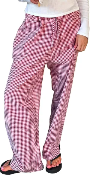 Women Y2K Plaid Pants High Waist Drawstring Wide Leg Lounge Pants Pajama Bottoms Going Out Gingham Pants Trousers
