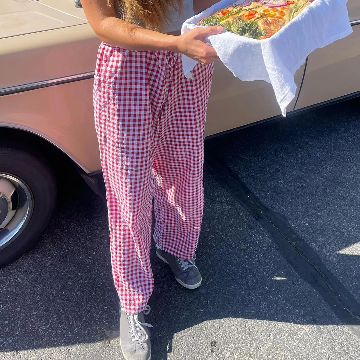 Women Y2K Plaid Pants High Waist Drawstring Wide Leg Lounge Pants Pajama Bottoms Going Out Gingham Pants Trousers