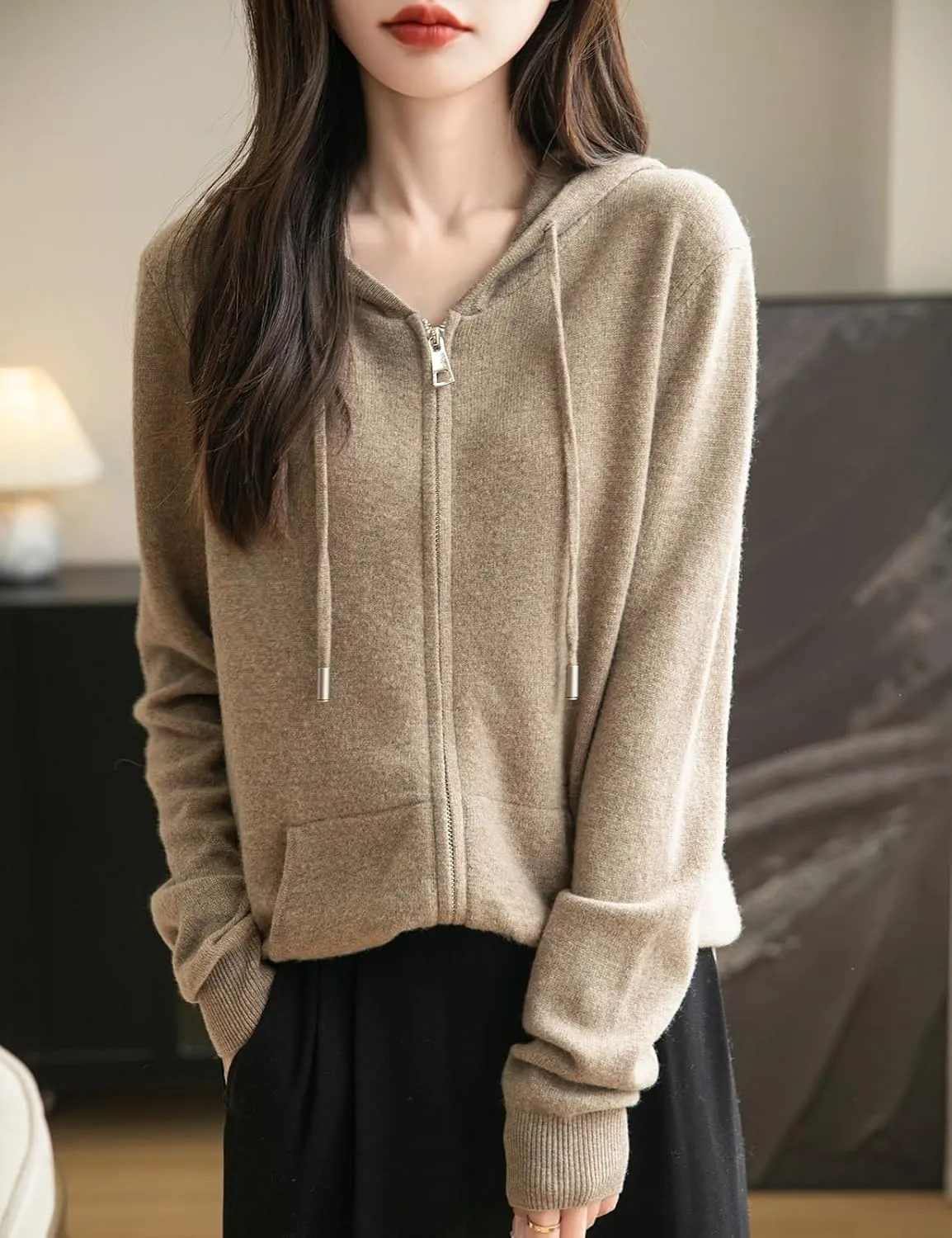 Women's 100% Merino Wool Zip Up Hoodies 2025 Fall Winter Warm Long Sleeve Knit Sweatshirt Cardigan with Pocket