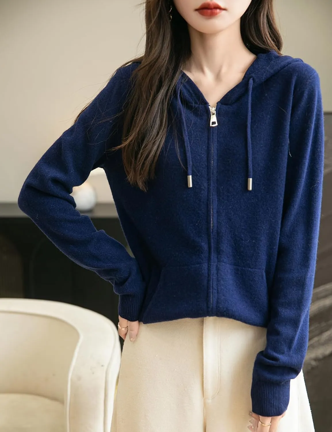 Women's 100% Merino Wool Zip Up Hoodies 2025 Fall Winter Warm Long Sleeve Knit Sweatshirt Cardigan with Pocket