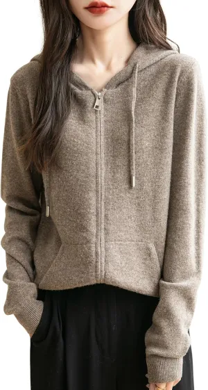 Women's 100% Merino Wool Zip Up Hoodies 2025 Fall Winter Warm Long Sleeve Knit Sweatshirt Cardigan with Pocket