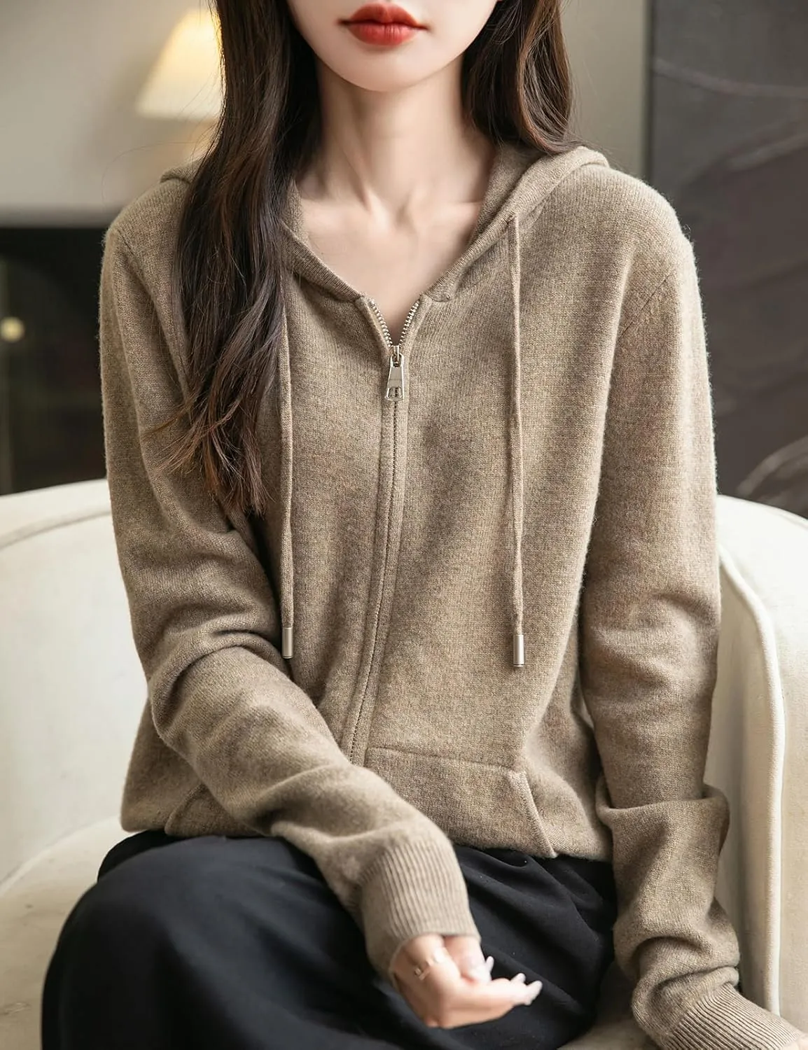 Women's 100% Merino Wool Zip Up Hoodies 2025 Fall Winter Warm Long Sleeve Knit Sweatshirt Cardigan with Pocket