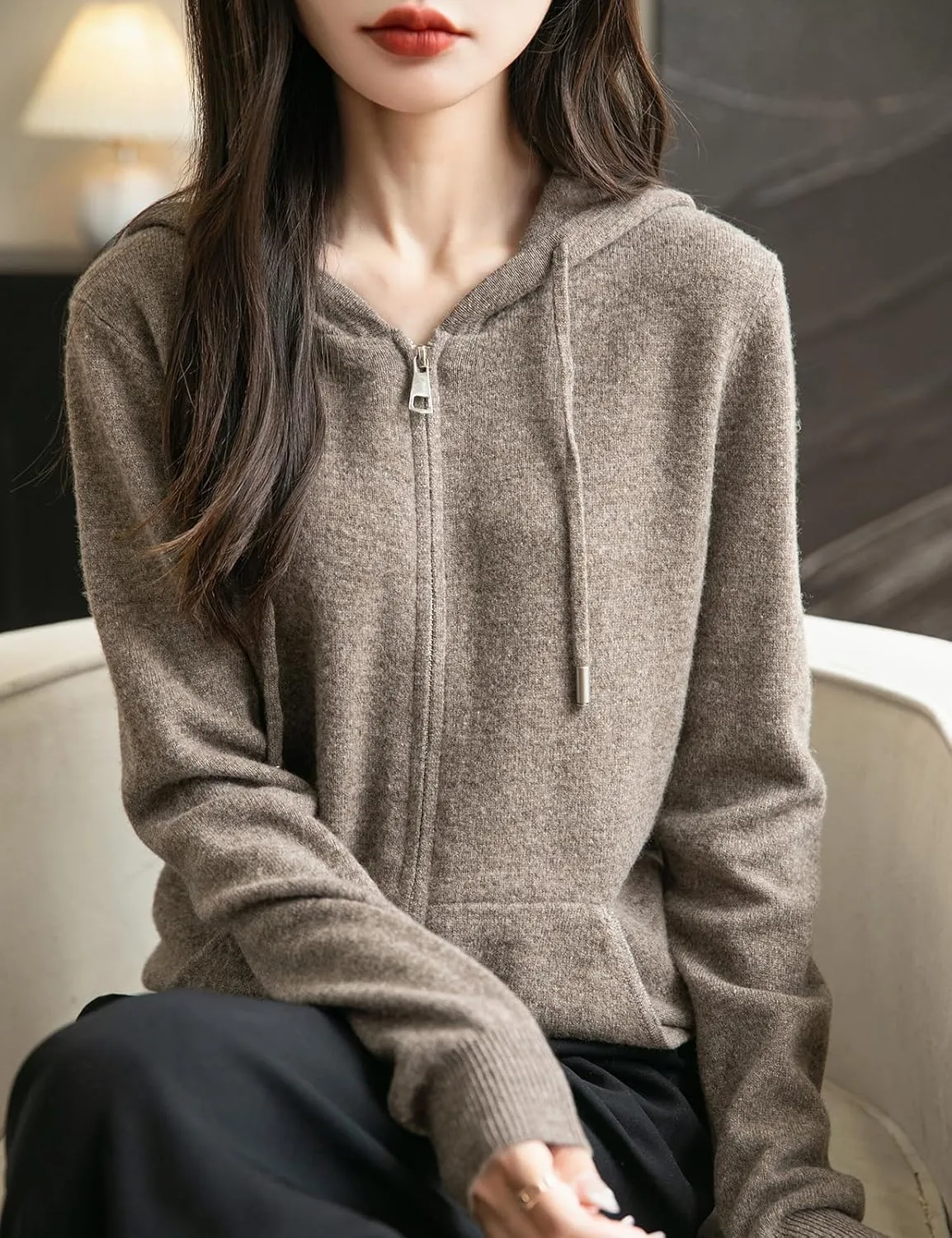 Women's 100% Merino Wool Zip Up Hoodies 2025 Fall Winter Warm Long Sleeve Knit Sweatshirt Cardigan with Pocket