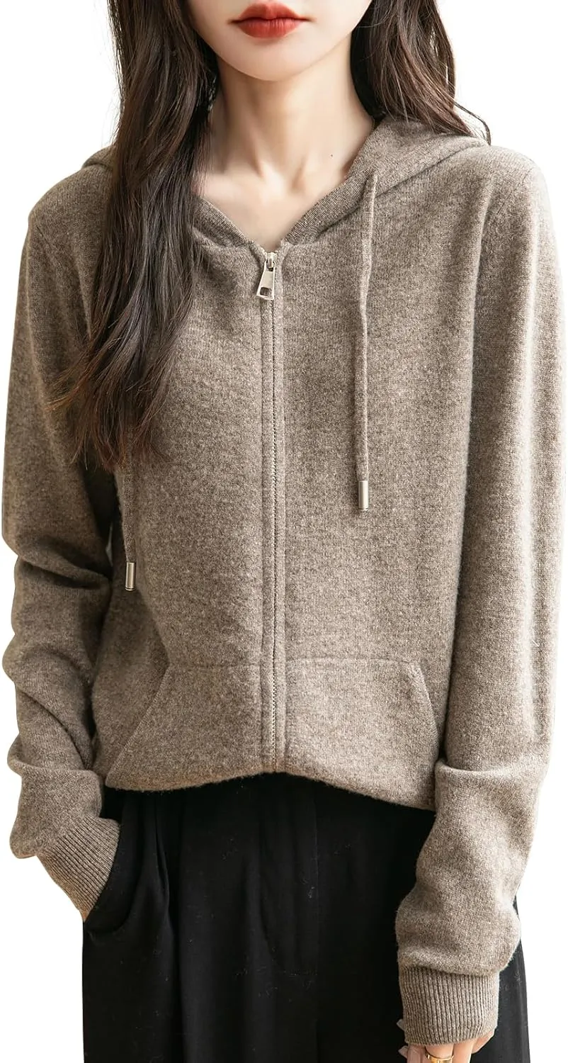 Women's 100% Merino Wool Zip Up Hoodies 2025 Fall Winter Warm Long Sleeve Knit Sweatshirt Cardigan with Pocket
