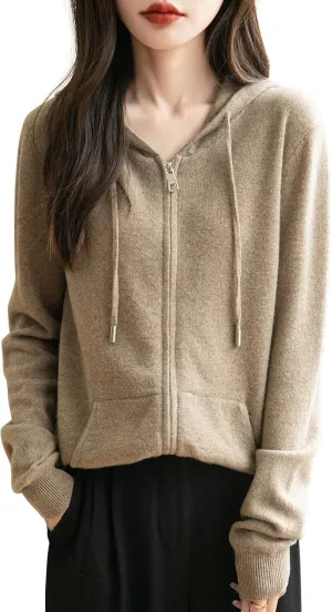 Women's 100% Merino Wool Zip Up Hoodies 2025 Fall Winter Warm Long Sleeve Knit Sweatshirt Cardigan with Pocket