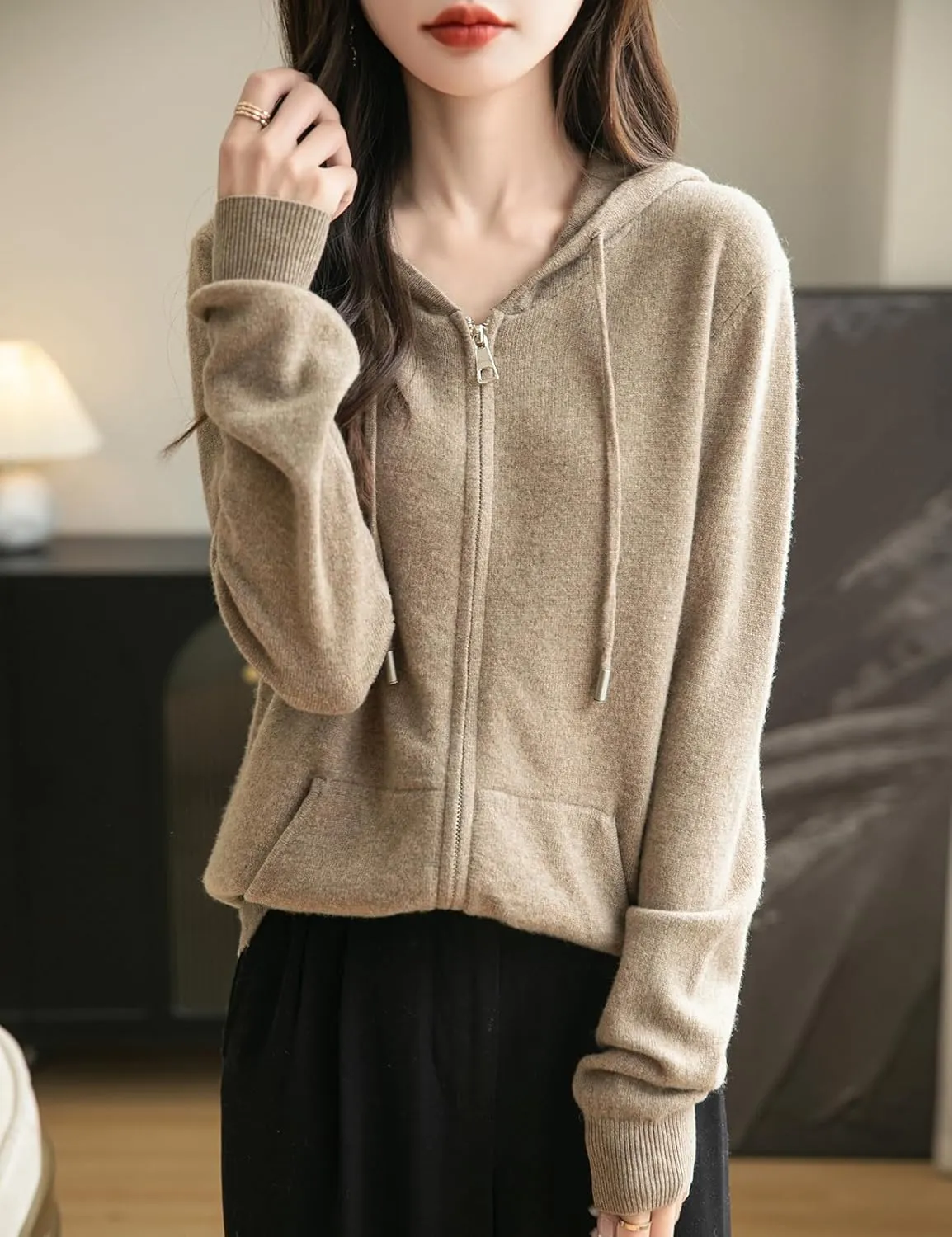 Women's 100% Merino Wool Zip Up Hoodies 2025 Fall Winter Warm Long Sleeve Knit Sweatshirt Cardigan with Pocket
