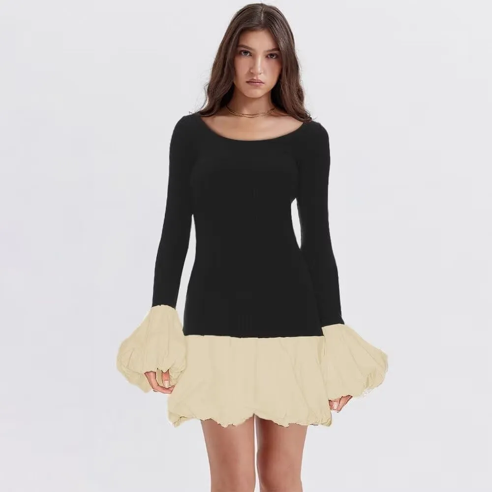 Women's 2024 Fall Dress Sexy Crew Neck Puffy Long Sleeve Bubble Party Club Bodycon Mini Dresses