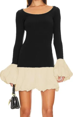 Women's 2024 Fall Dress Sexy Crew Neck Puffy Long Sleeve Bubble Party Club Bodycon Mini Dresses