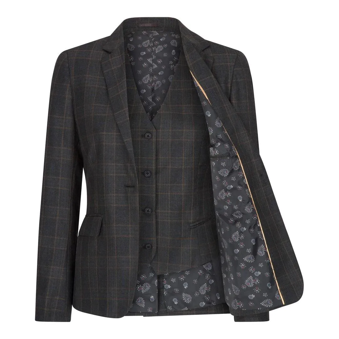 Womens 3 Piece Suit Dark Grey Check Vintage Formal Smart Office Work Slim Fit