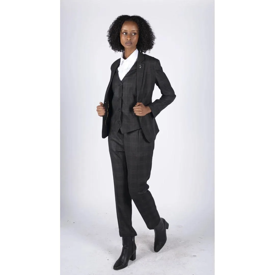 Womens 3 Piece Suit Dark Grey Check Vintage Formal Smart Office Work Slim Fit