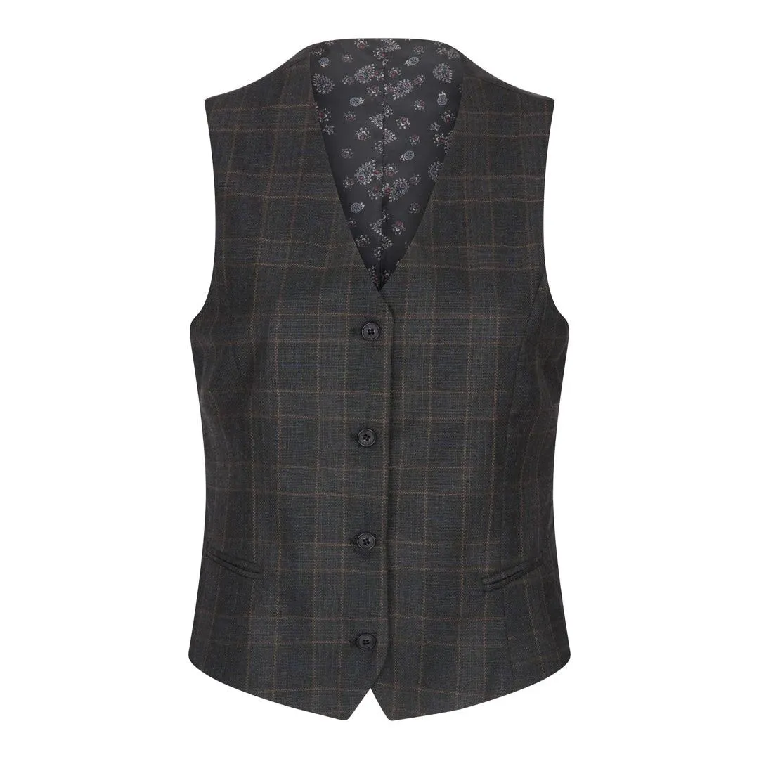 Womens 3 Piece Suit Dark Grey Check Vintage Formal Smart Office Work Slim Fit