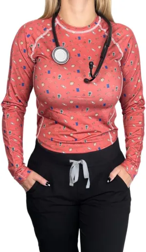 Womens Athletic Underscrub Top  Long Sleeve, Base layer, Multicolor Designs, Breathable, Stretch Fabric.