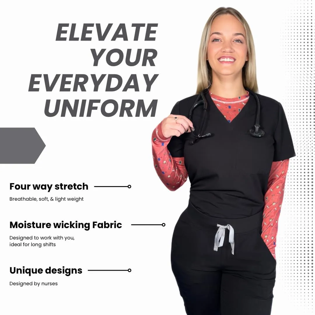 Womens Athletic Underscrub Top  Long Sleeve, Base layer, Multicolor Designs, Breathable, Stretch Fabric.