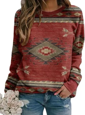 Womens Aztec Print Sweatshirts Loose Long Sleeve Western Shirts Vintage Graphic Cowgirl Crewneck Hoodies Trendy