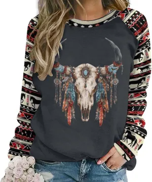 Womens Aztec Print Sweatshirts Loose Long Sleeve Western Shirts Vintage Graphic Cowgirl Crewneck Hoodies Trendy