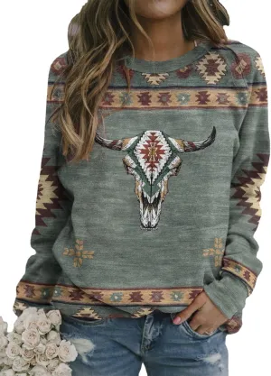 Womens Aztec Print Sweatshirts Loose Long Sleeve Western Shirts Vintage Graphic Cowgirl Crewneck Hoodies Trendy