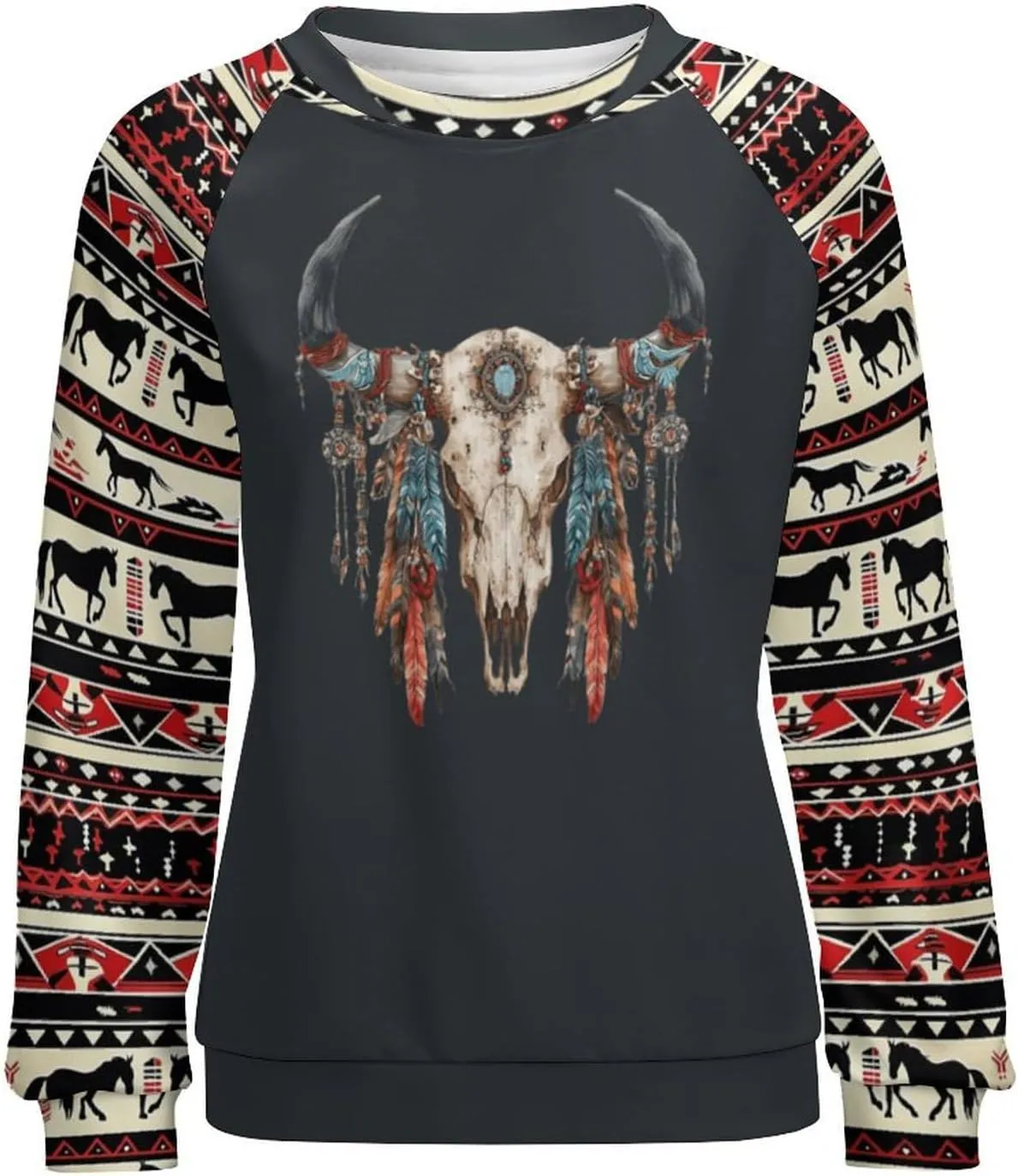 Womens Aztec Print Sweatshirts Loose Long Sleeve Western Shirts Vintage Graphic Cowgirl Crewneck Hoodies Trendy