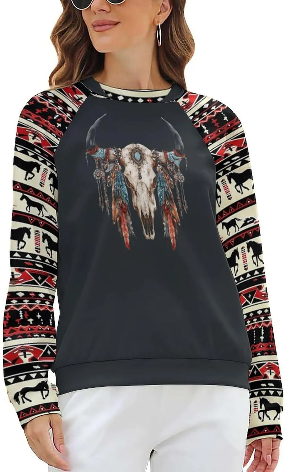 Womens Aztec Print Sweatshirts Loose Long Sleeve Western Shirts Vintage Graphic Cowgirl Crewneck Hoodies Trendy