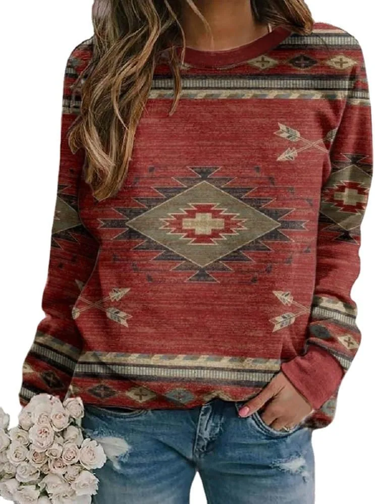 Womens Aztec Print Sweatshirts Loose Long Sleeve Western Shirts Vintage Graphic Cowgirl Crewneck Hoodies Trendy