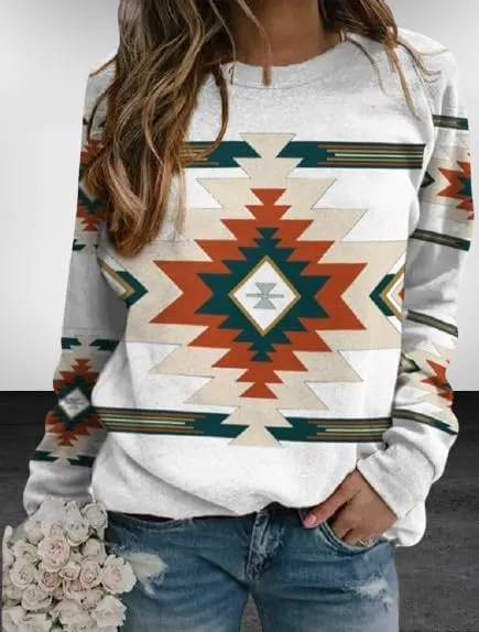 Womens Aztec Print Sweatshirts Loose Long Sleeve Western Shirts Vintage Graphic Cowgirl Crewneck Hoodies Trendy