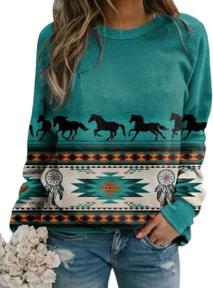 Womens Aztec Print Sweatshirts Loose Long Sleeve Western Shirts Vintage Graphic Cowgirl Crewneck Hoodies Trendy