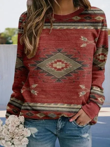 Womens Aztec Print Sweatshirts Loose Long Sleeve Western Shirts Vintage Graphic Cowgirl Crewneck Hoodies Trendy