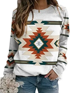 Womens Aztec Print Sweatshirts Loose Long Sleeve Western Shirts Vintage Graphic Cowgirl Crewneck Hoodies Trendy