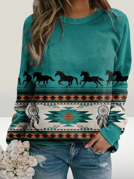 Womens Aztec Print Sweatshirts Loose Long Sleeve Western Shirts Vintage Graphic Cowgirl Crewneck Hoodies Trendy