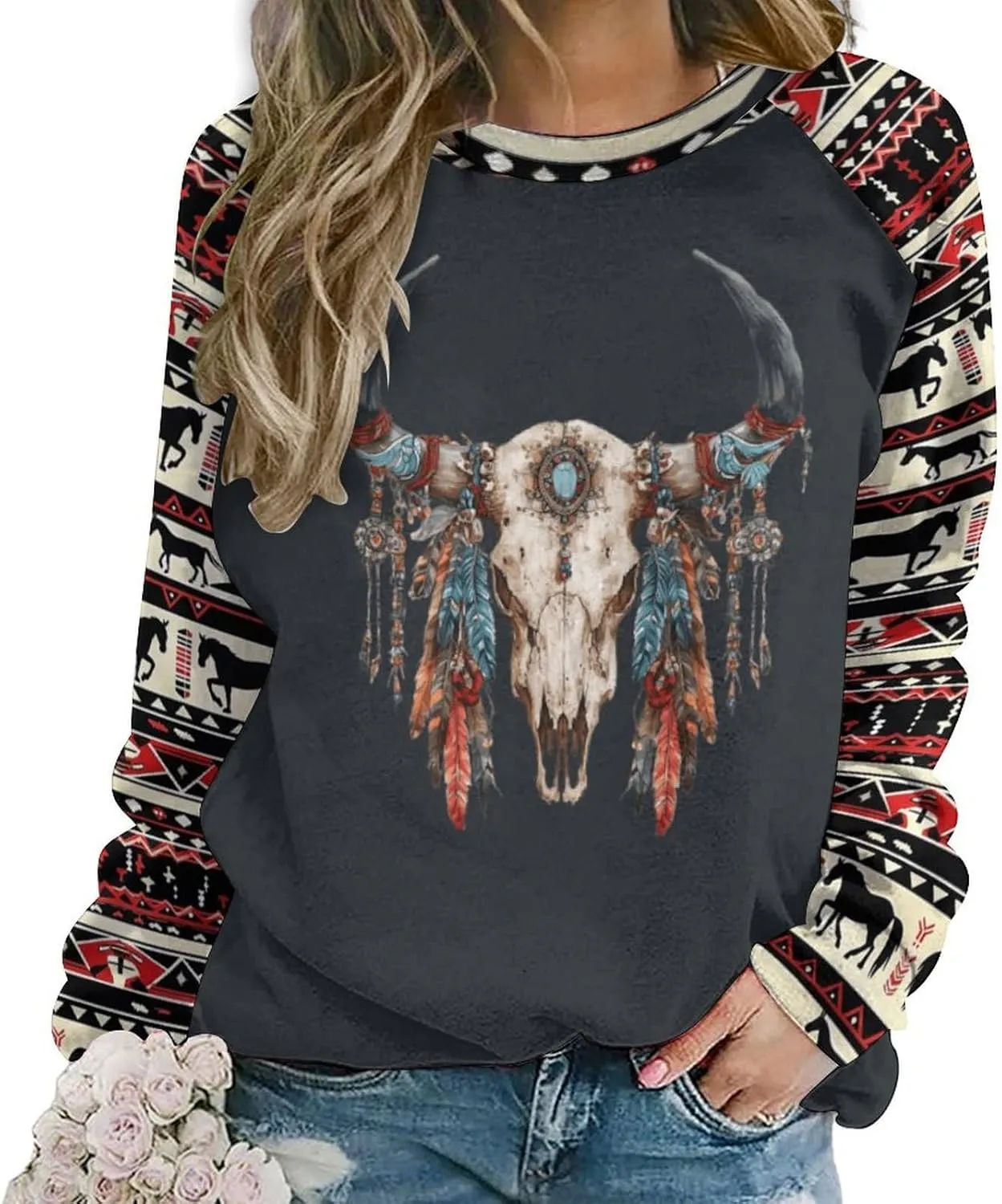 Womens Aztec Print Sweatshirts Loose Long Sleeve Western Shirts Vintage Graphic Cowgirl Crewneck Hoodies Trendy