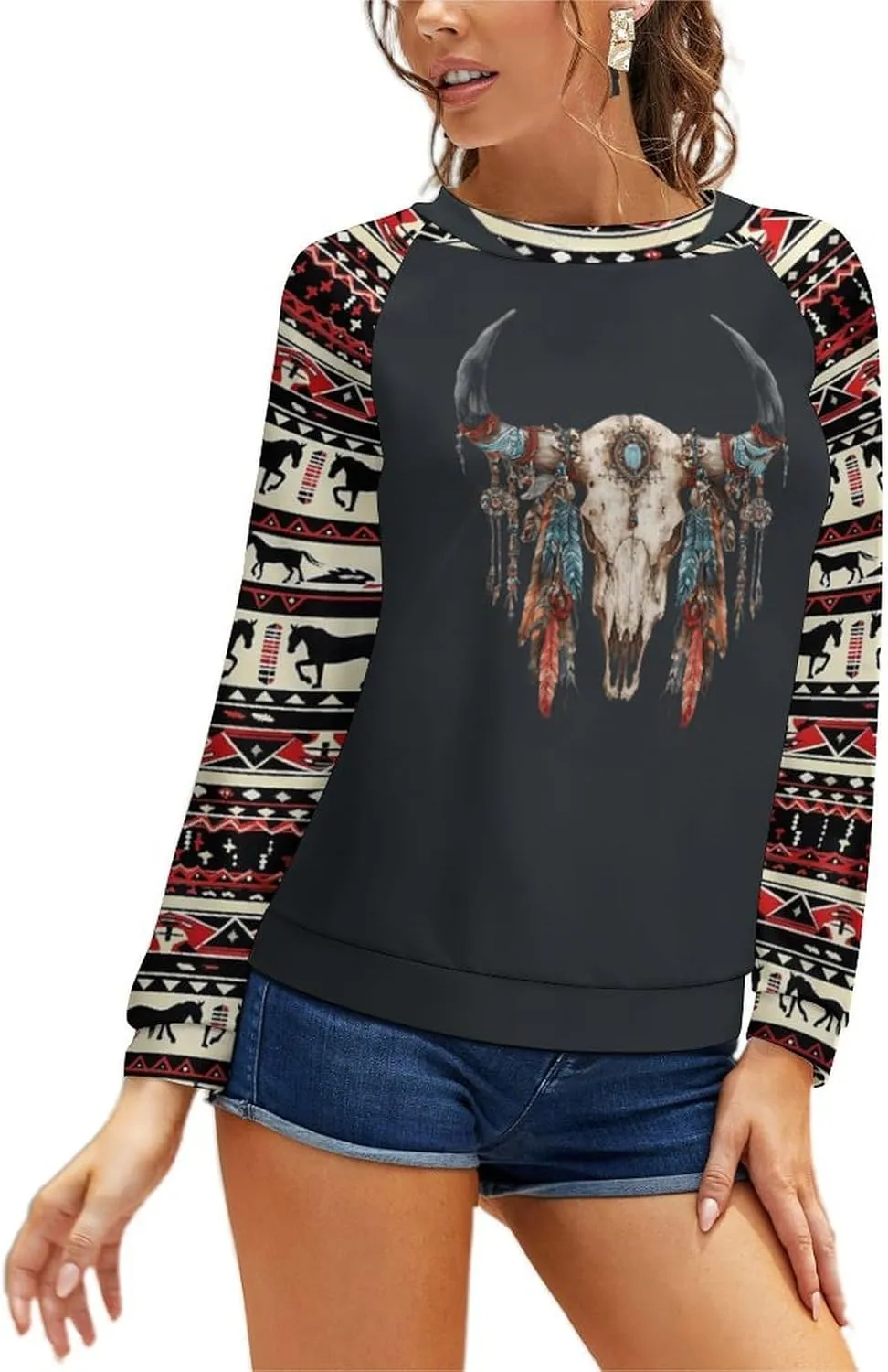 Womens Aztec Print Sweatshirts Loose Long Sleeve Western Shirts Vintage Graphic Cowgirl Crewneck Hoodies Trendy