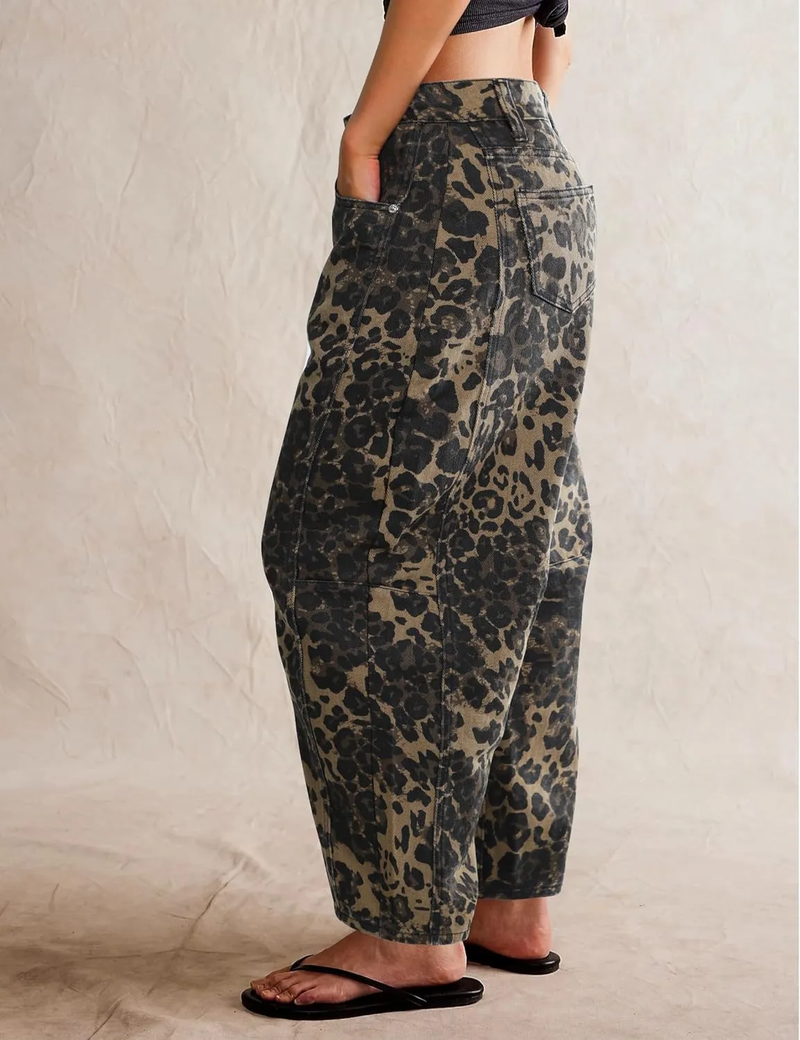 Women's Barrel Boyfriend Baggy Leopard Print Jeans Mid Rise Cropped Wide Leg Y2K Horseshoe Jeans for Women Trendy