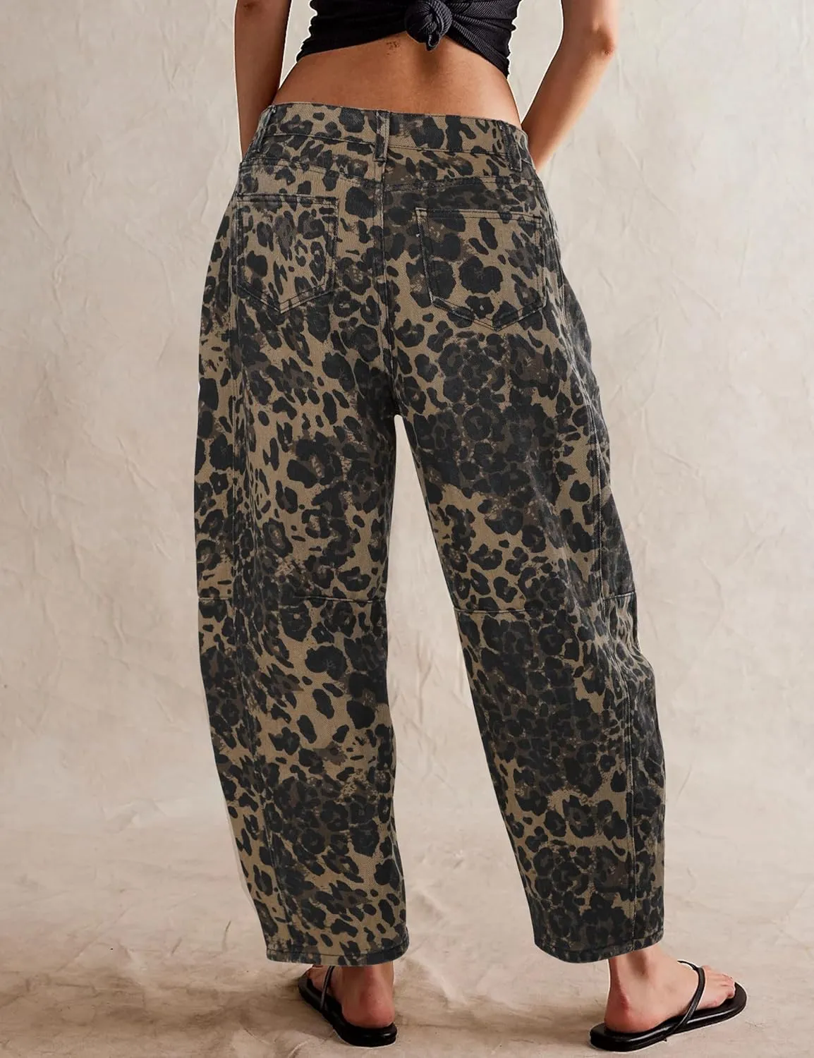 Women's Barrel Boyfriend Baggy Leopard Print Jeans Mid Rise Cropped Wide Leg Y2K Horseshoe Jeans for Women Trendy