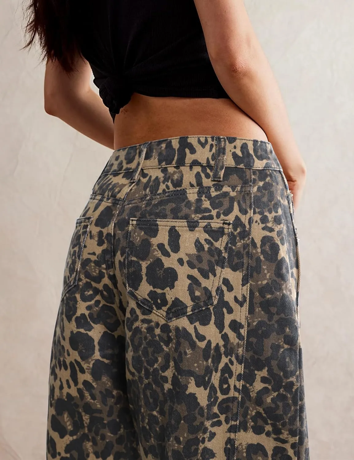 Women's Barrel Boyfriend Baggy Leopard Print Jeans Mid Rise Cropped Wide Leg Y2K Horseshoe Jeans for Women Trendy