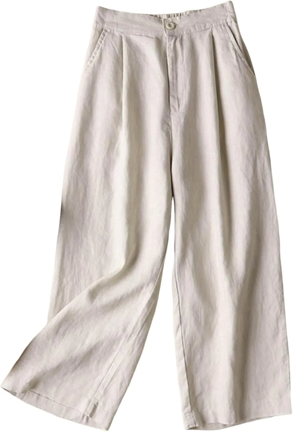Women's Beach Capri Linen Pants Summer Casual Tapered Palazzo Pants Wide Leg Elastic Waiste Trousers with Pockets