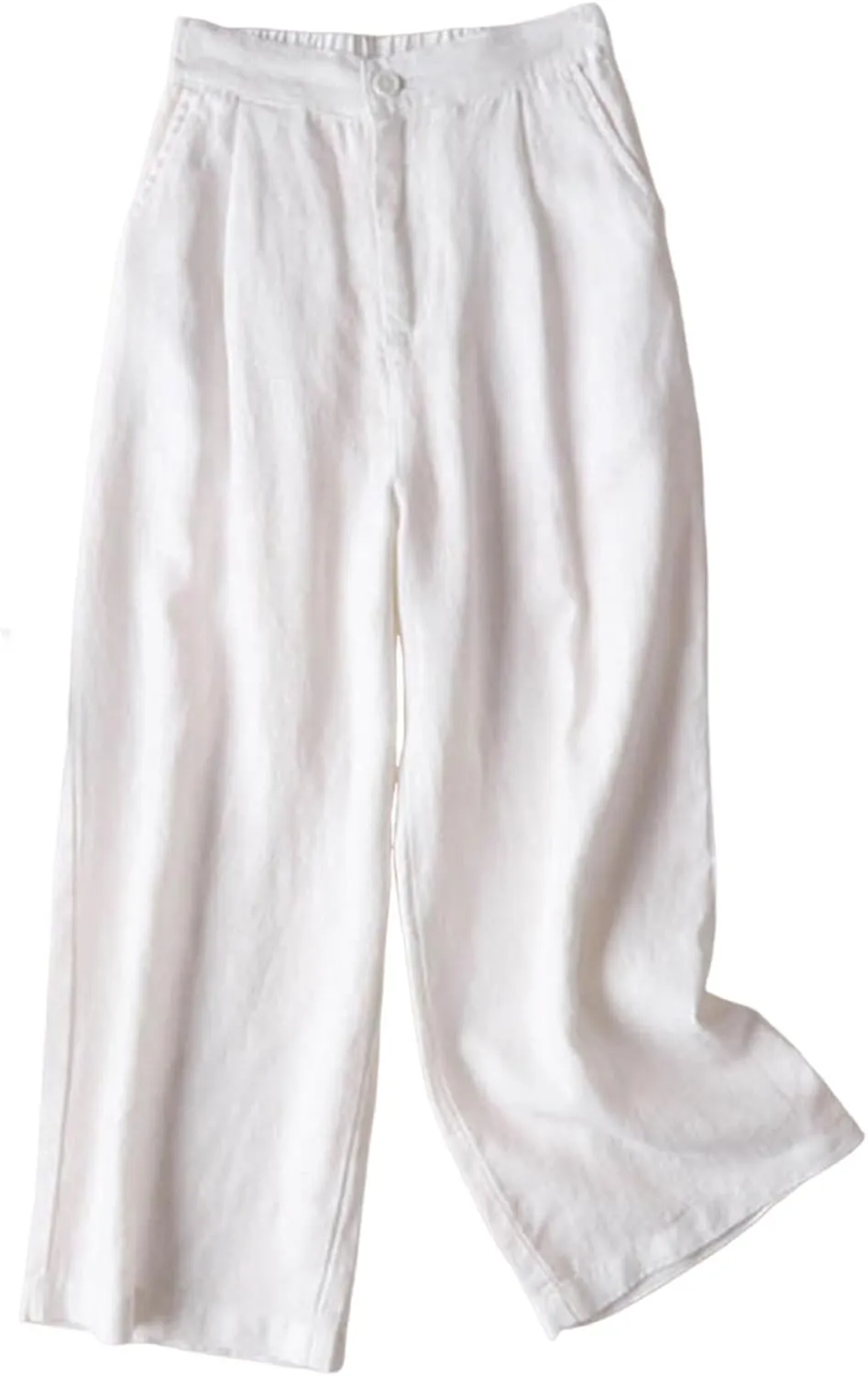 Women's Beach Capri Linen Pants Summer Casual Tapered Palazzo Pants Wide Leg Elastic Waiste Trousers with Pockets