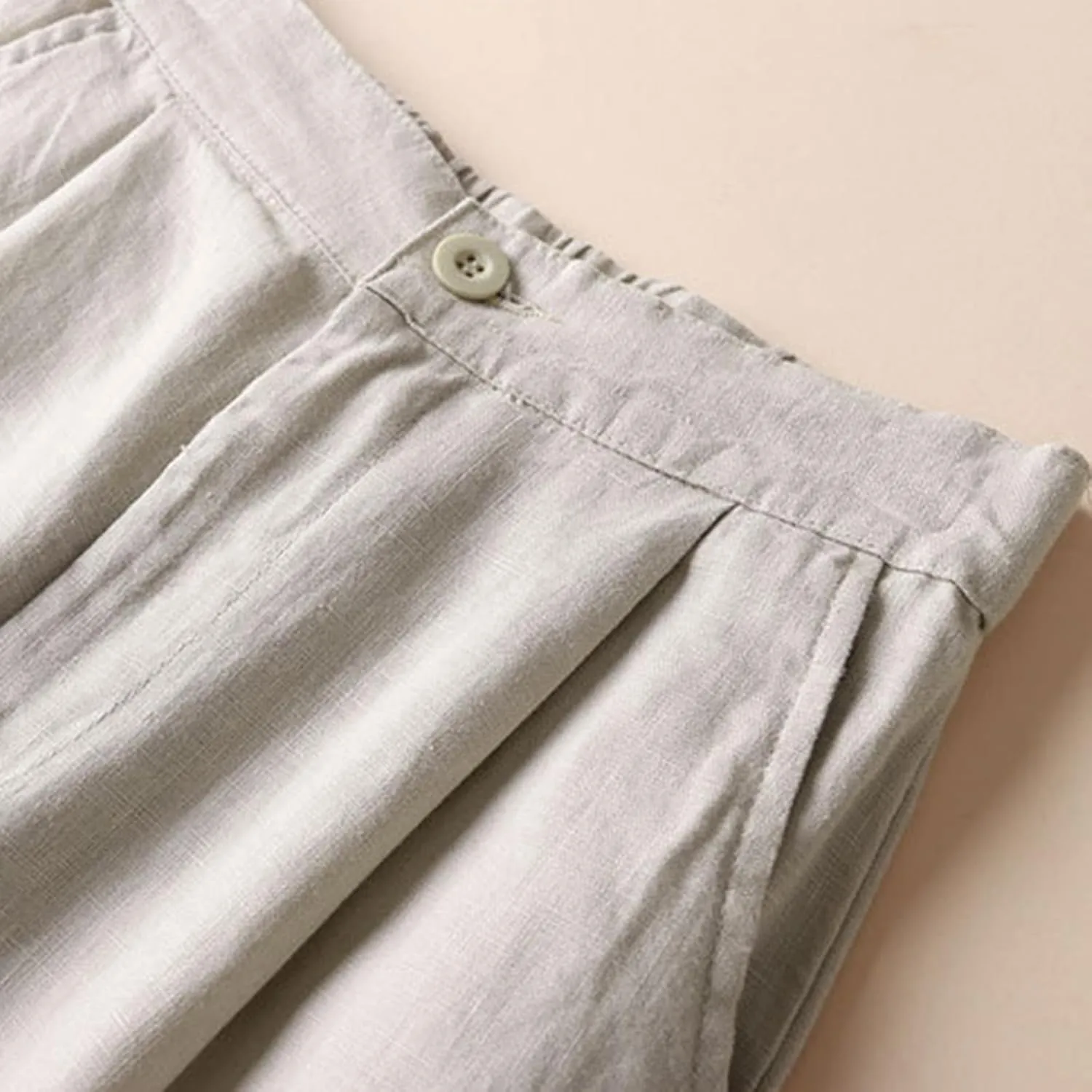 Women's Beach Capri Linen Pants Summer Casual Tapered Palazzo Pants Wide Leg Elastic Waiste Trousers with Pockets