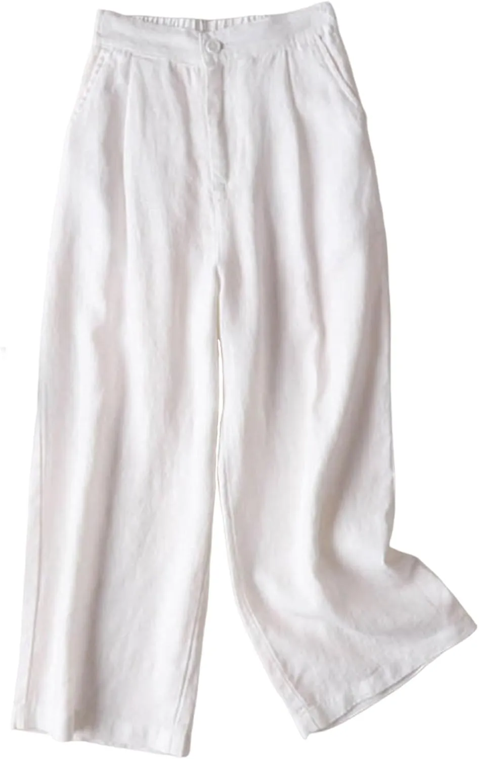 Women's Beach Capri Linen Pants Summer Casual Tapered Palazzo Pants Wide Leg Elastic Waiste Trousers with Pockets
