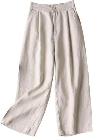 Women's Beach Capri Linen Pants Summer Casual Tapered Palazzo Pants Wide Leg Elastic Waiste Trousers with Pockets