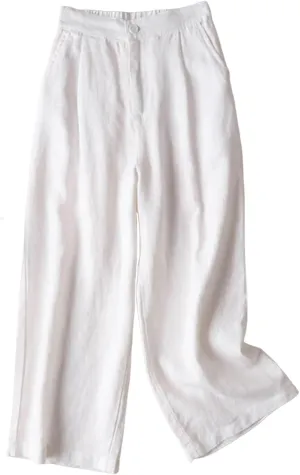 Women's Beach Capri Linen Pants Summer Casual Tapered Palazzo Pants Wide Leg Elastic Waiste Trousers with Pockets