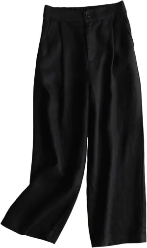 Women's Beach Capri Linen Pants Summer Casual Tapered Palazzo Pants Wide Leg Elastic Waiste Trousers with Pockets