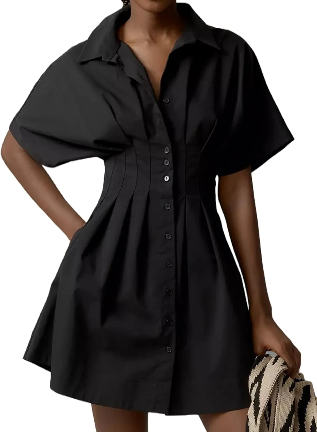 Womens Button Front Down Pleated Shirt Dress Summer Casual Striped Short Sleeve Blouse Mini Dresses
