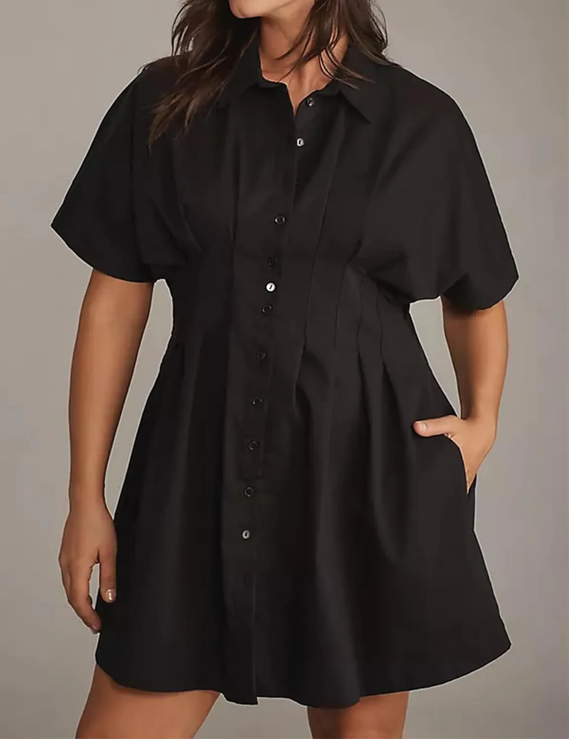 Womens Button Front Down Pleated Shirt Dress Summer Casual Striped Short Sleeve Blouse Mini Dresses