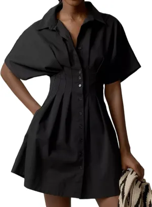 Womens Button Front Down Pleated Shirt Dress Summer Casual Striped Short Sleeve Blouse Mini Dresses