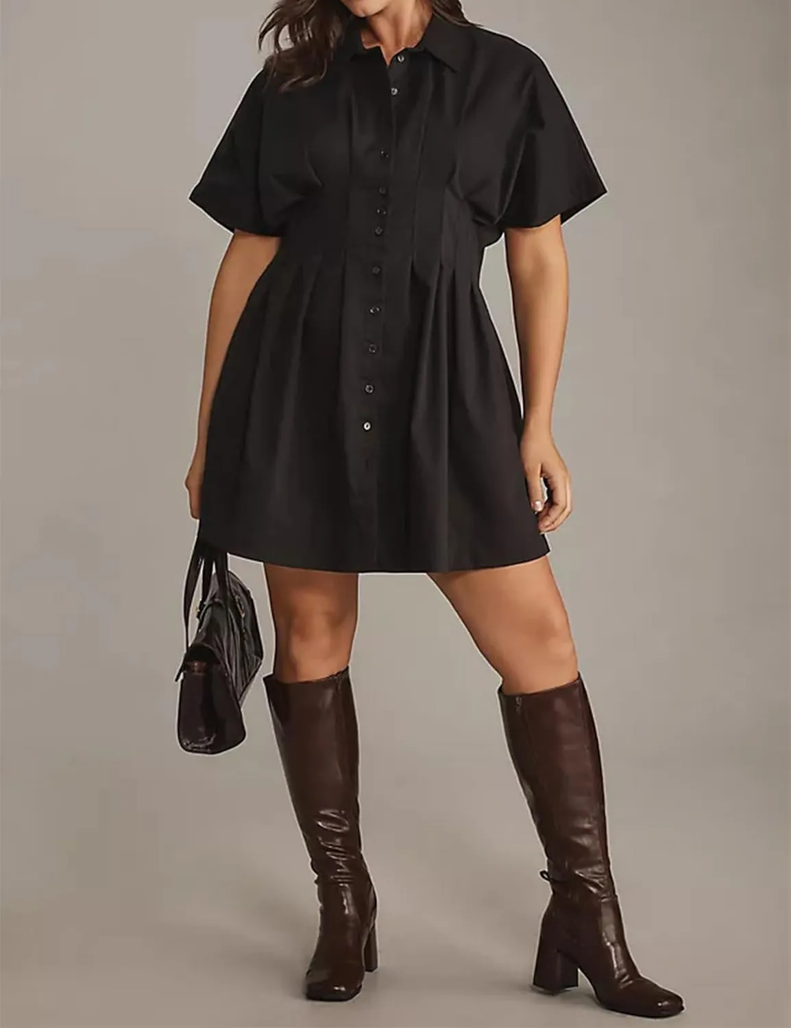 Womens Button Front Down Pleated Shirt Dress Summer Casual Striped Short Sleeve Blouse Mini Dresses