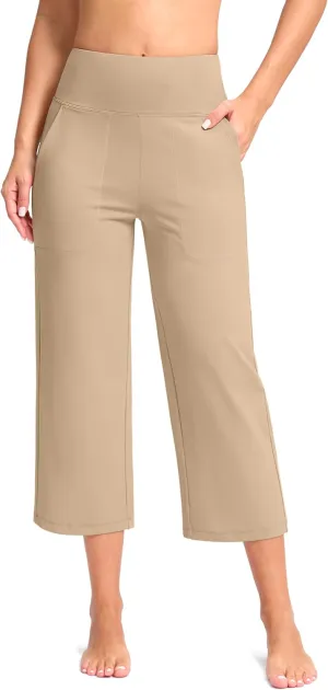 Women's Capri Pants with Pockets High Waist Yoga Pants Wide Leg Workout Crop Summer Pants for Casual, Travel, Exercise