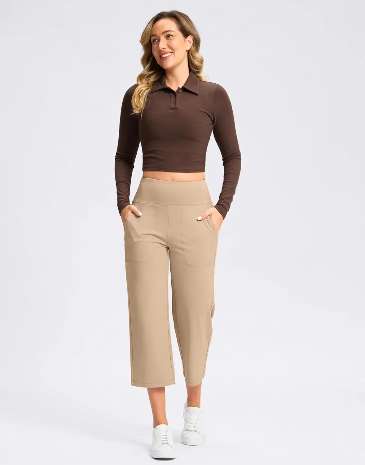 Women's Capri Pants with Pockets High Waist Yoga Pants Wide Leg Workout Crop Summer Pants for Casual, Travel, Exercise