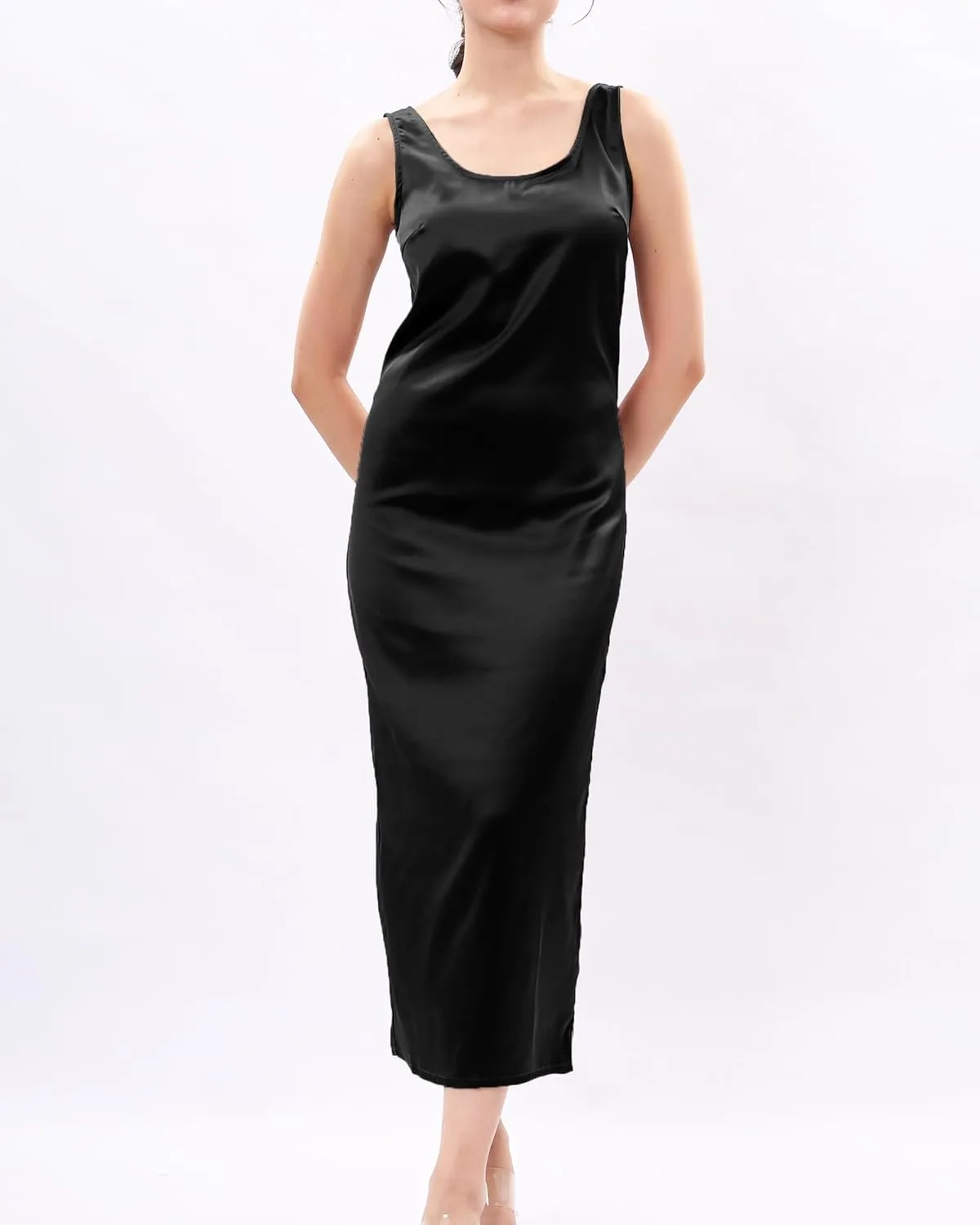 Womens Casual Round Neck Sleeveless Summer Sundresses Split Satin Maxi Dress Zip Back Tank Dresses